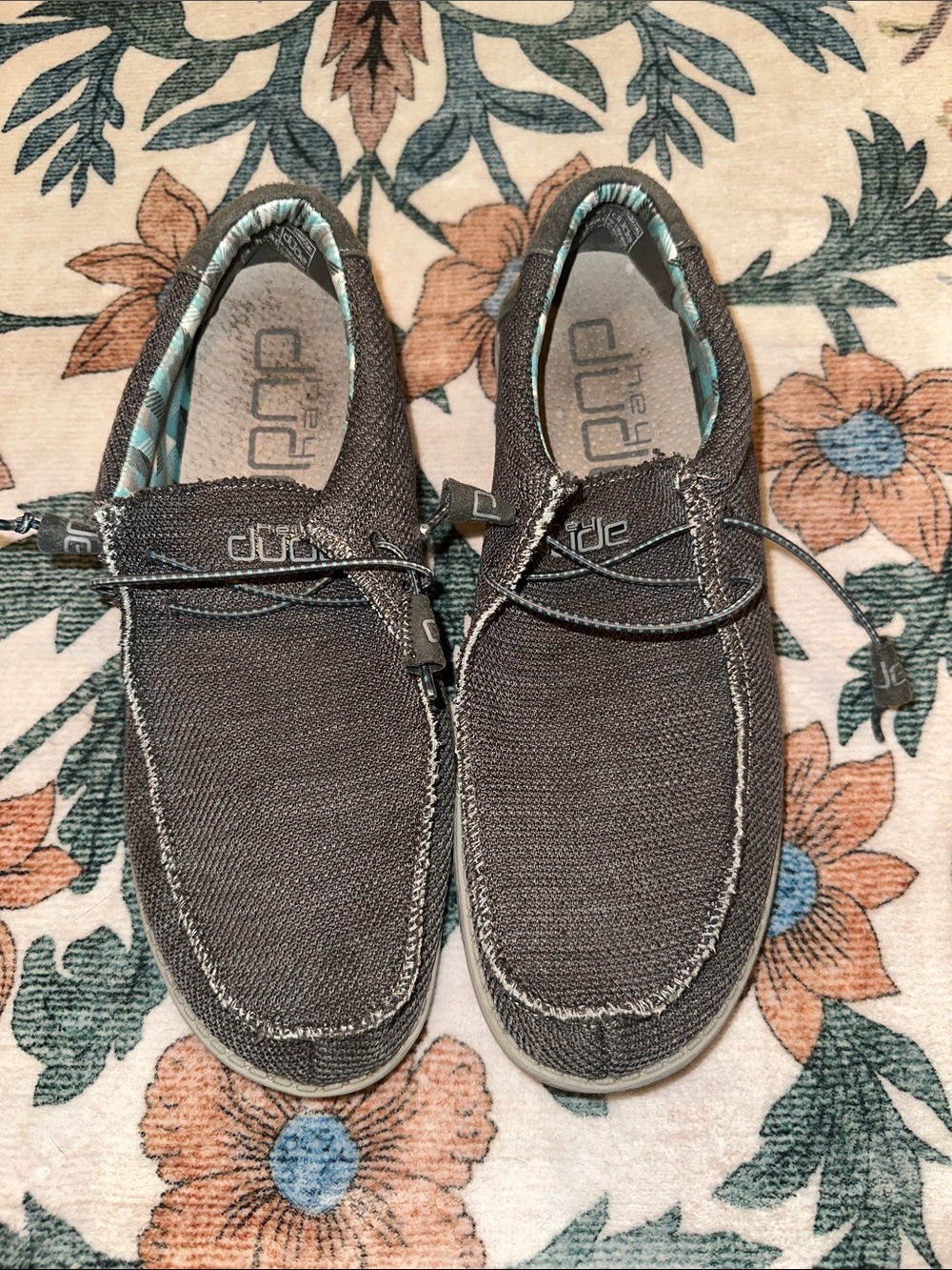 Hey Dude Men's Slip-On Loafers in Dark Gray with Light Blue Trim
